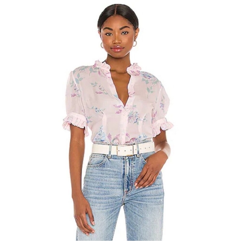 Selkie Pink Floral Ruffle Short Sleeve Blouse